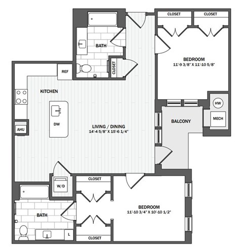 Floor plan for 2 beds, 2 baths, 1114 sqft